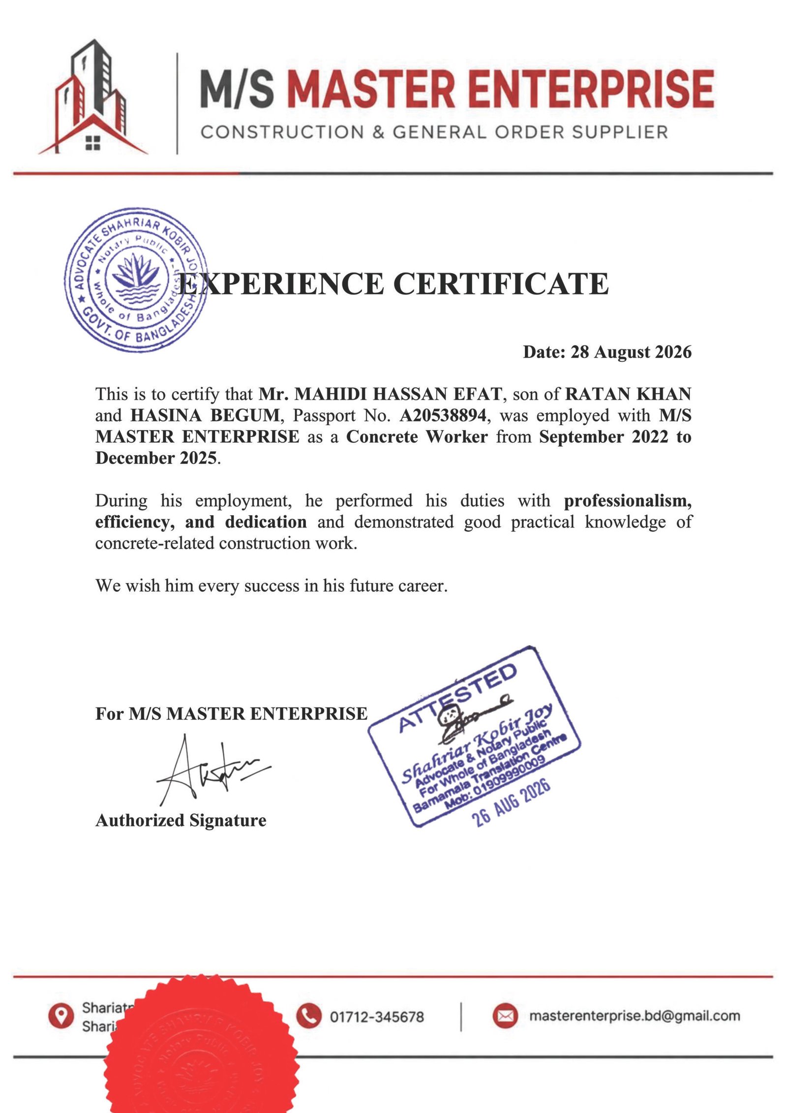 experience certificate copy